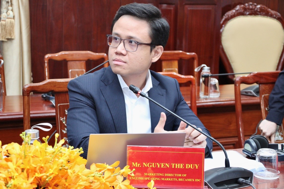 Ông Nguyễn Thế Duy – Giám đốc tiếp thị thị trường Tiếng anh Becamex IDC đã giới thiệu về tiềm năng, cơ hội đầu tư nước ngoài tại Bình Phước và Khu công nghiệp Becamex – Bình Phước.
